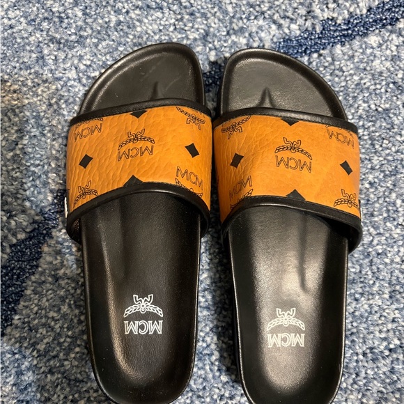 MCM Shoes - MCM Orange and Black Logo Slide Sandals